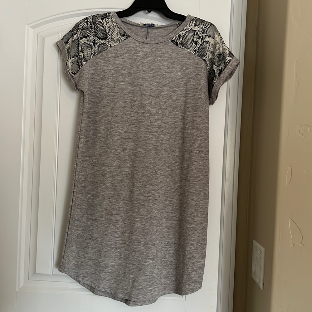 grey T-shirt dress with snake print shoulders